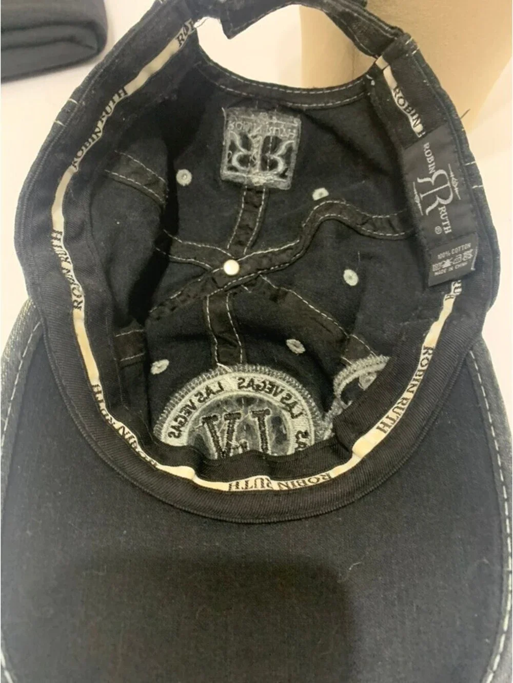 Robin Ruth Las Vegas NV Black Distressed Denim Embroidered Baseball Cap Hat